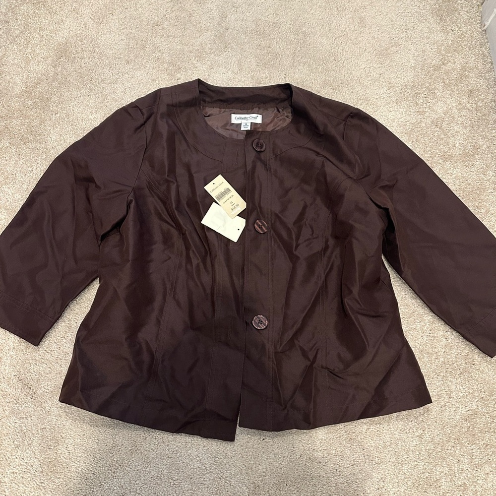 Coldwater Creek Brown Silk Jewel NK DTL jacket size 14 NWOT